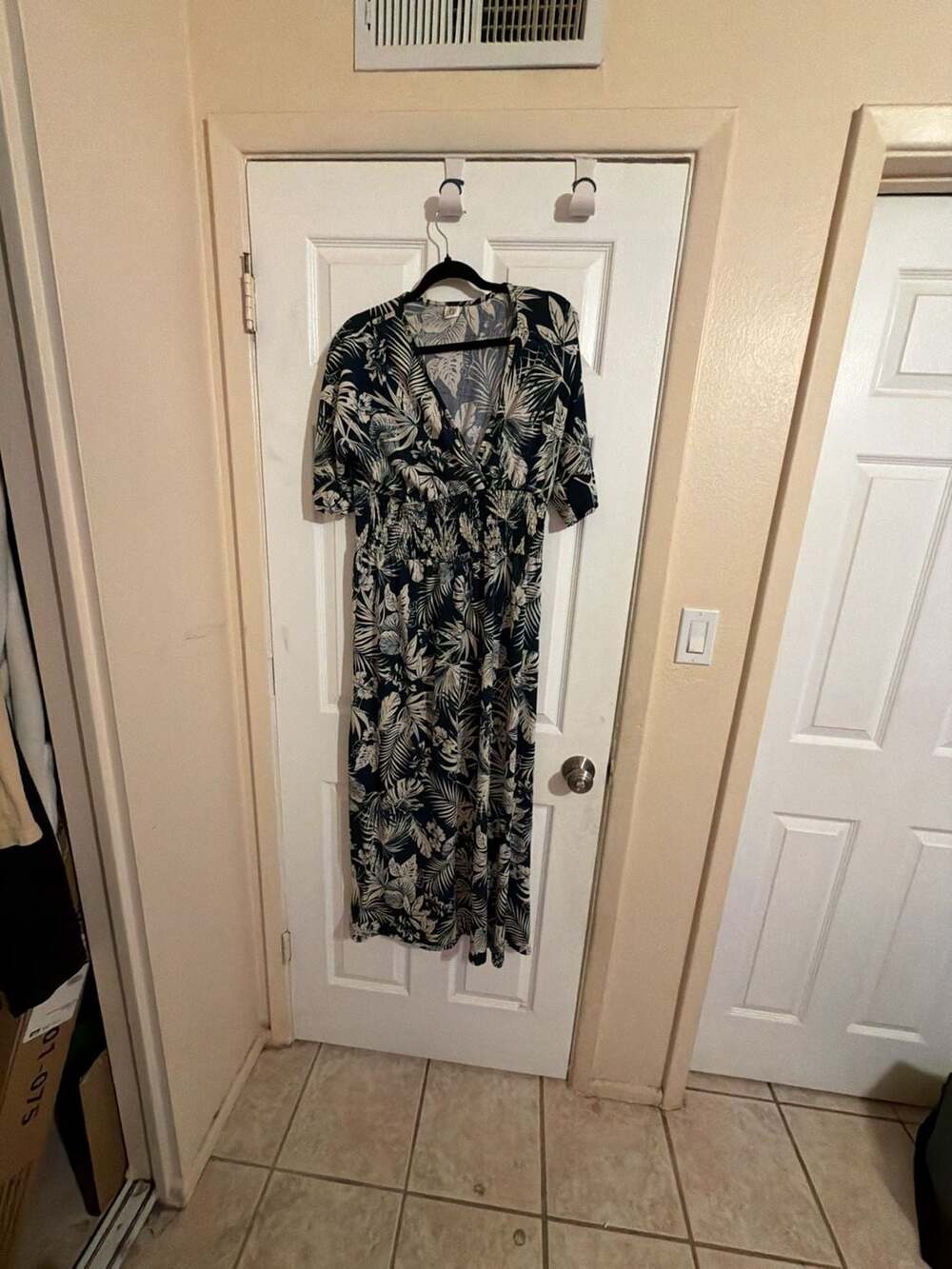Surprise Design Navy Blue Tropical Leaf Print Smocked Waist Maxi Dress HOM1202-H
